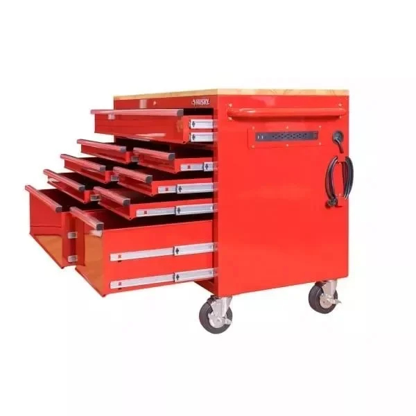 52 Zoll lang. 24 Zoll breit. D 9 Schubladen, leuchtend rot. Mobile Werkbank