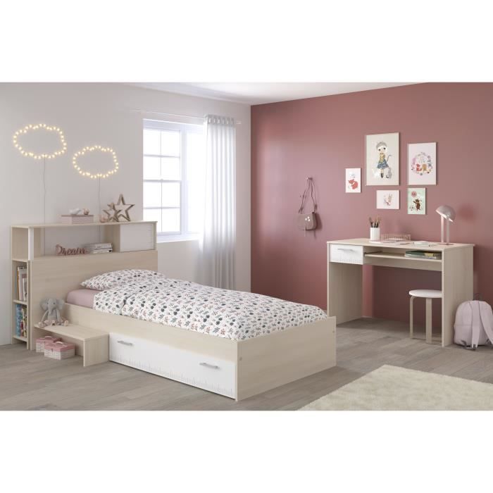 Conjunto completo de dormitorio infantil PARISOT: Cabecero + Cama + Escritorio - Estilo contemporáneo - Decoración en madera de acacia clara y blanco - CHARLEMAGNE