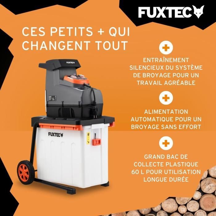 Trituradora eléctrica de jardín FUXTEC FX-EGH2800B de 2800 W, caja recolectora de 60 L, capacidad de corte de ramas de 44 mm de diámetro, IPX4