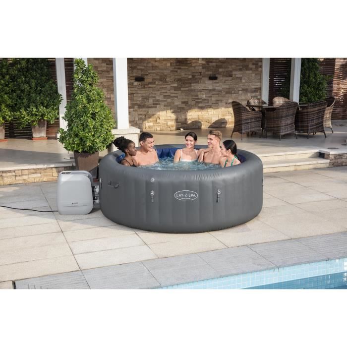 Spa hinchable BESTWAY - Lay-Z-Spa Santorini - Capacidad para 5 a 7 personas - Redondo (Incluye 5 reposacabezas acolchados + 2 luces LED de agua ColorJet)