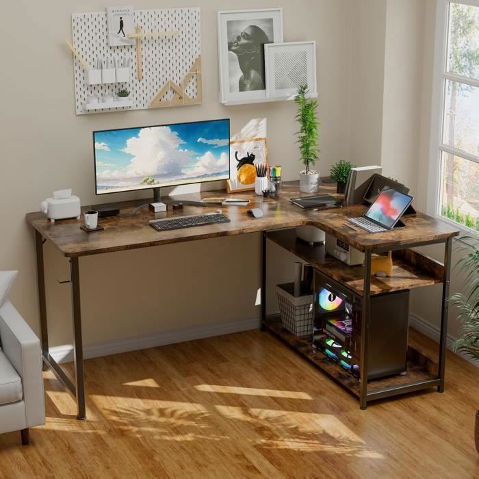 Bureau Gaming en Forme de L Marron - Étagères Rangement - Port de Charge USB - Prise de Courant