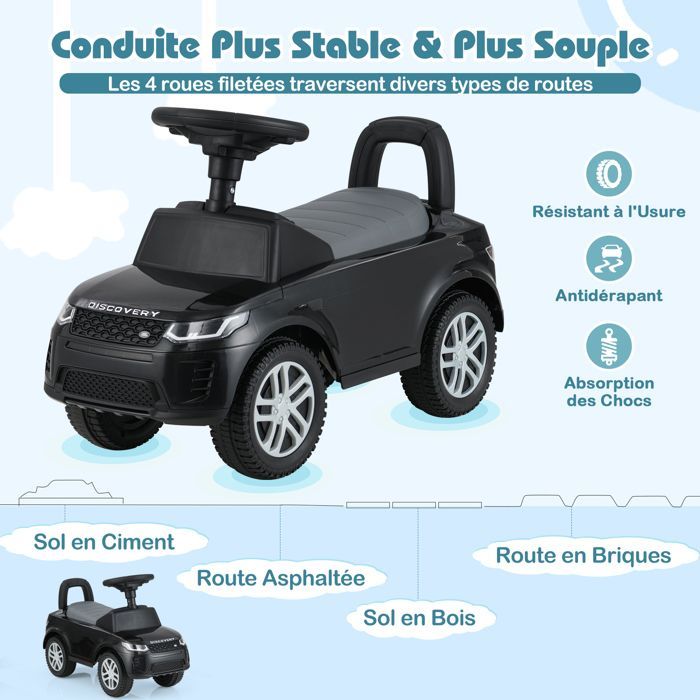 COSTWAY Land Rover Porteur Enfants avec Volant, Klaxon, Bruit de Moteur, Rangement sous le Siège, pour 12 à 36 Mois, 25 kg, Noir
