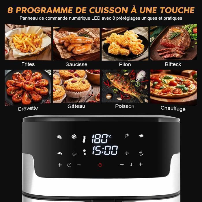 Friggitrice ad aria da 10 litri e 1900 W - 8 programmi - Display LED touchscreen - Finestra di visualizzazione - Termostato con timer
