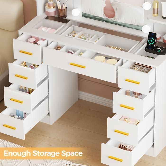 BEWISHOME Coiffeuse Blanc avec Miroir LED, Plateau en Verre, 9 Tiroirs de Rangement, 2 Ports USB et 2 Prises, 105 x 40 x 140 cm