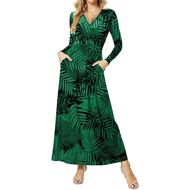 Robe longue décontractée à manches longues et décolleté en V profond pour femme, robe maxi plissée à taille haute avec poches