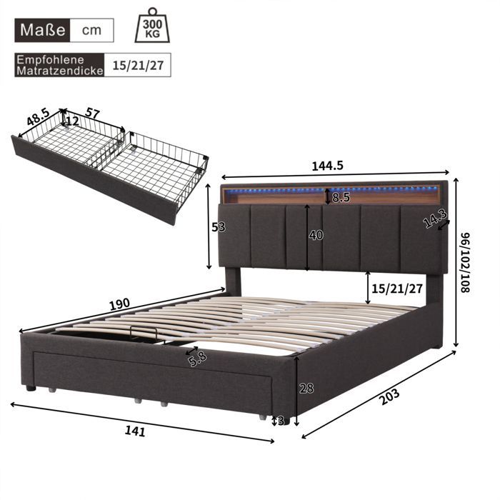 Cama con almacenamiento de 140x190 cm - NEXU - Gris antracita - LED integrado - Cajones de almacenamiento - Cabecero ajustable