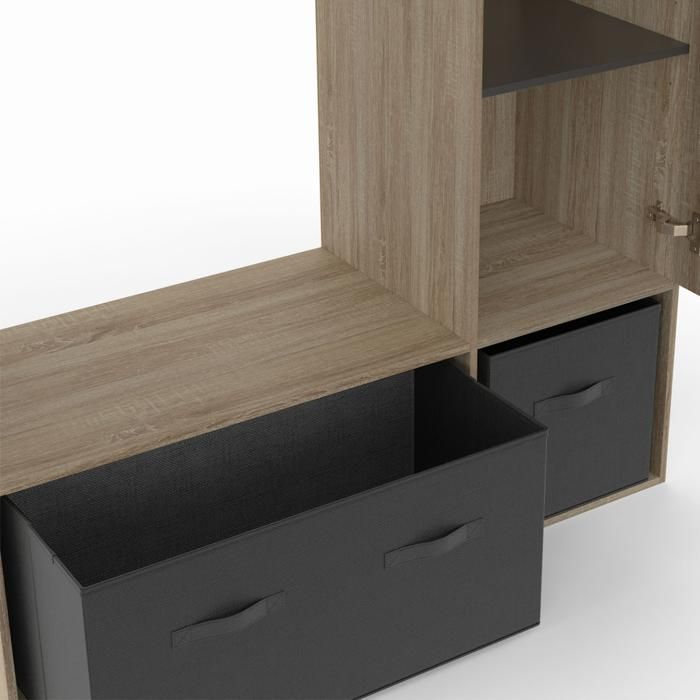 IDMARKET BERENICE wardrobe unit 105 x 40 x 172 cm beech with shelves + black storage boxes + mirror