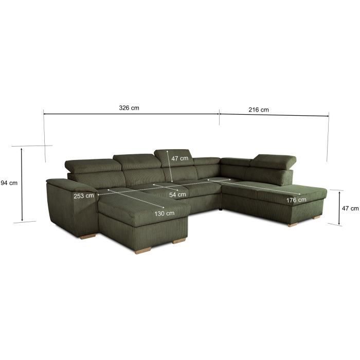 DAYTONA 5-6 seater panoramic corner sofa bed - Khaki corduroy - With storage - W 326 x H 94 x D 216 cm