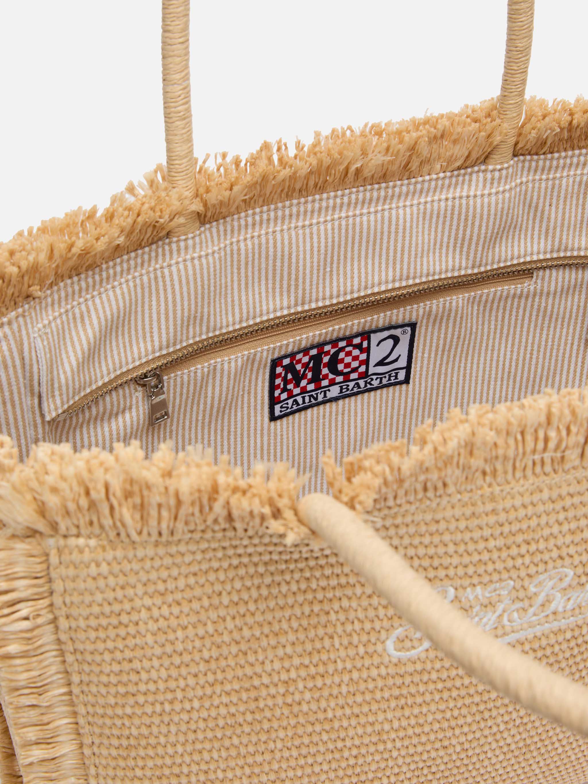 Vanity beige schoudertas met stro-effect