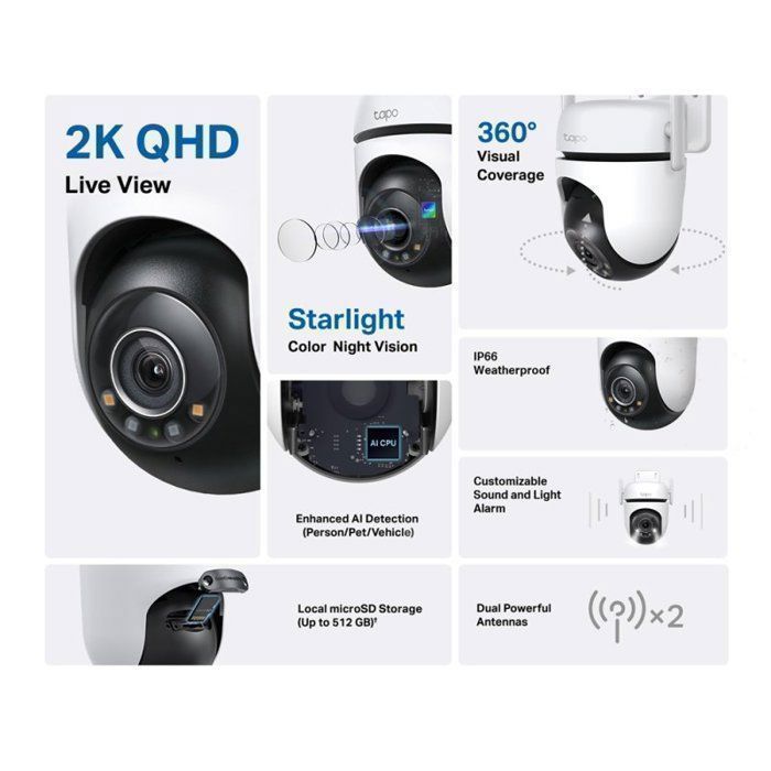 Cámara domo de techo Wi-Fi Tapo C520WS TP-Link de 4 MP, color blanco y negro, visión nocturna de 30 m.