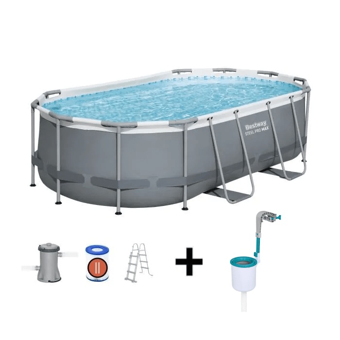 Kit Piscine hors sol tubulaire BESTWAY - Steel Pro MAX™ - 427 x 250 x 100 cm - Ovale (Avec filtre à cartouche, échelle) + Skimmer