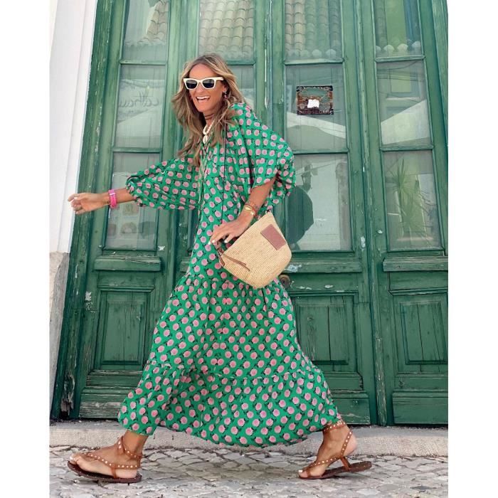 Elegante vestido largo con mangas abullonadas para mujer, estampado floral informal, escote en V, rosa veraniego