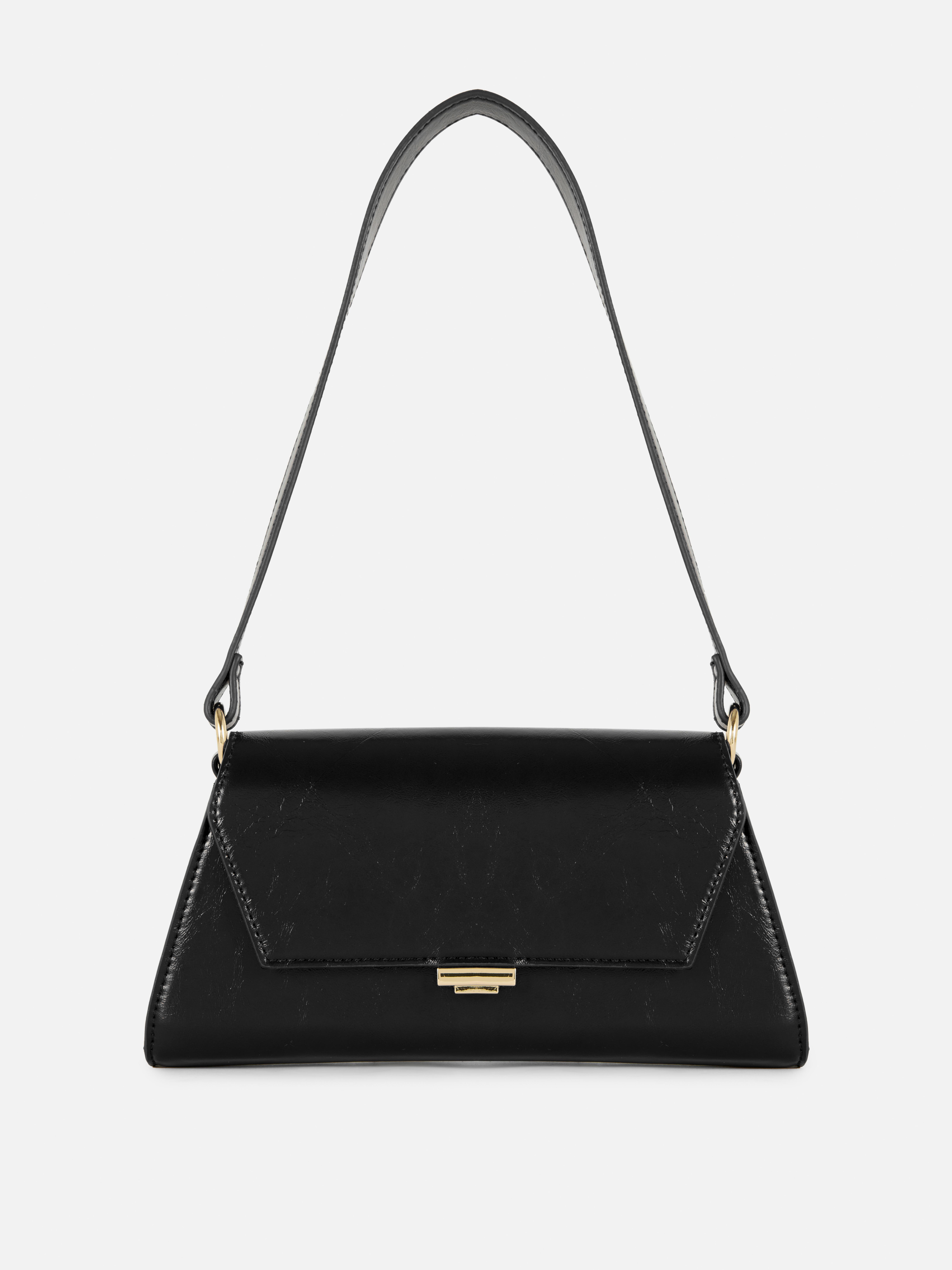 Schultertasche mit Überschlagverschluss. Eine elegante Schultertasche aus Kunstleder mit Überschlagverschluss vorne und Metalldetails.