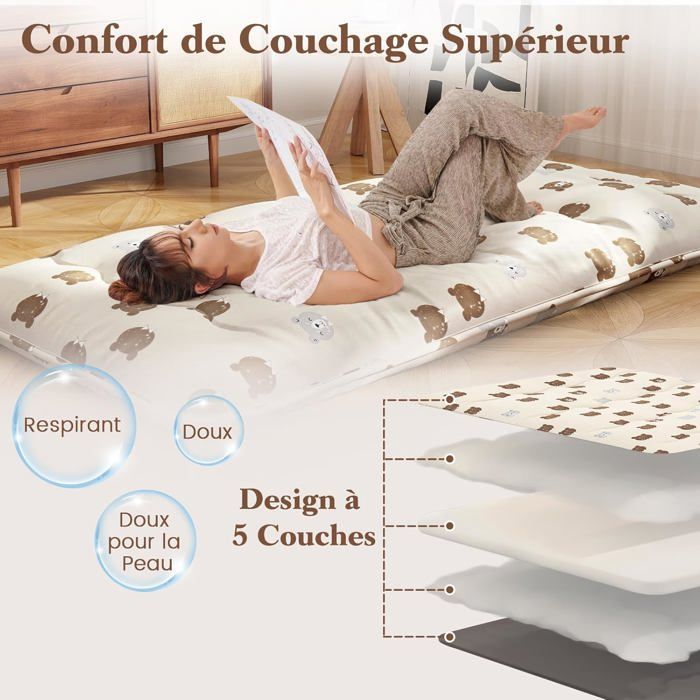 Colchón futón japonés GOPLUS, 1 persona, 90x200 cm - Cama enrollable para el suelo, portátil con bolsa de transporte, marrón
