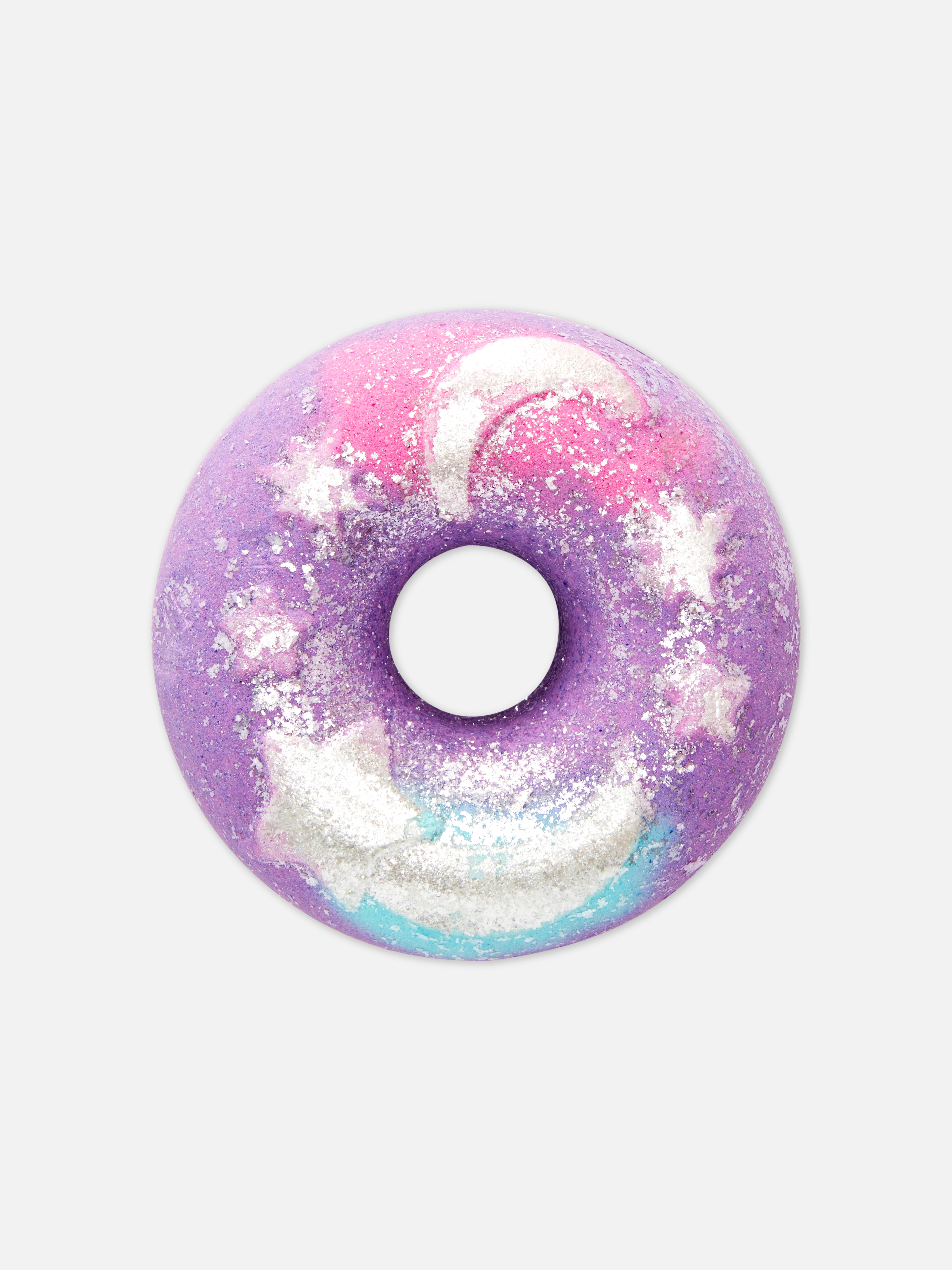 Himmlische Donut-Badebombe Eine donutförmige Badebombe mit schimmernden Mond- und Sternmotiven