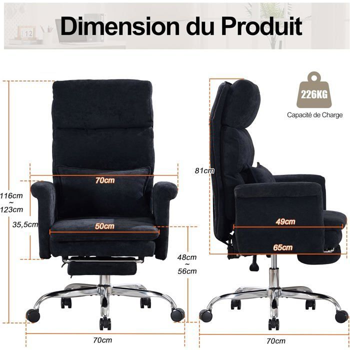 GOOBUY Chaise de Loisirs 226 kg, Fauteuil Pivotant en Chenille, Accoudoirs Rabattables, Coussin Double Couche,  Siege Large, Noir
