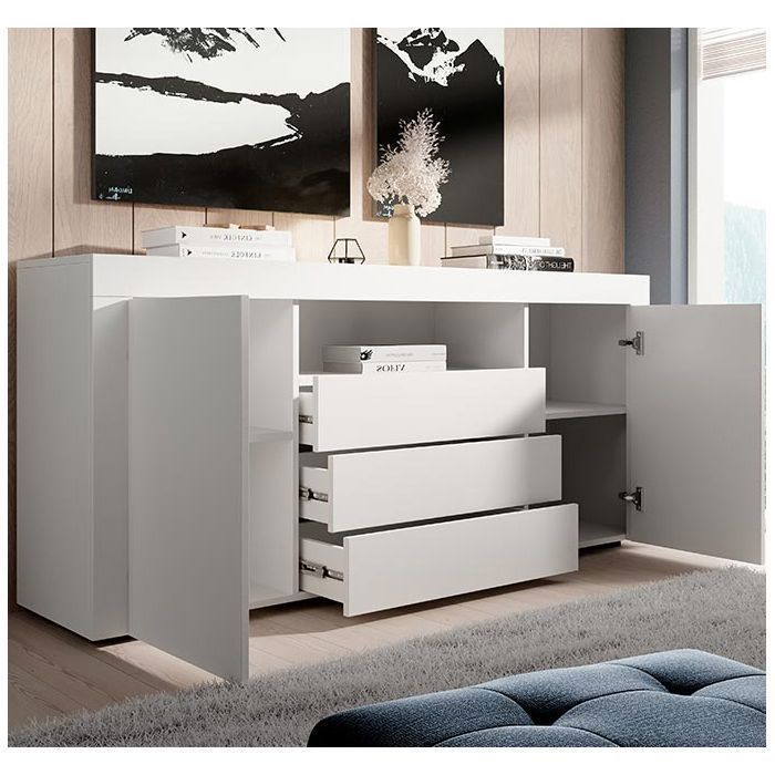 Aparador YANIS - 160 cm - 2 puertas y 3 cajones - Blanco mate - Estilo escandinavo moderno - Designameublement