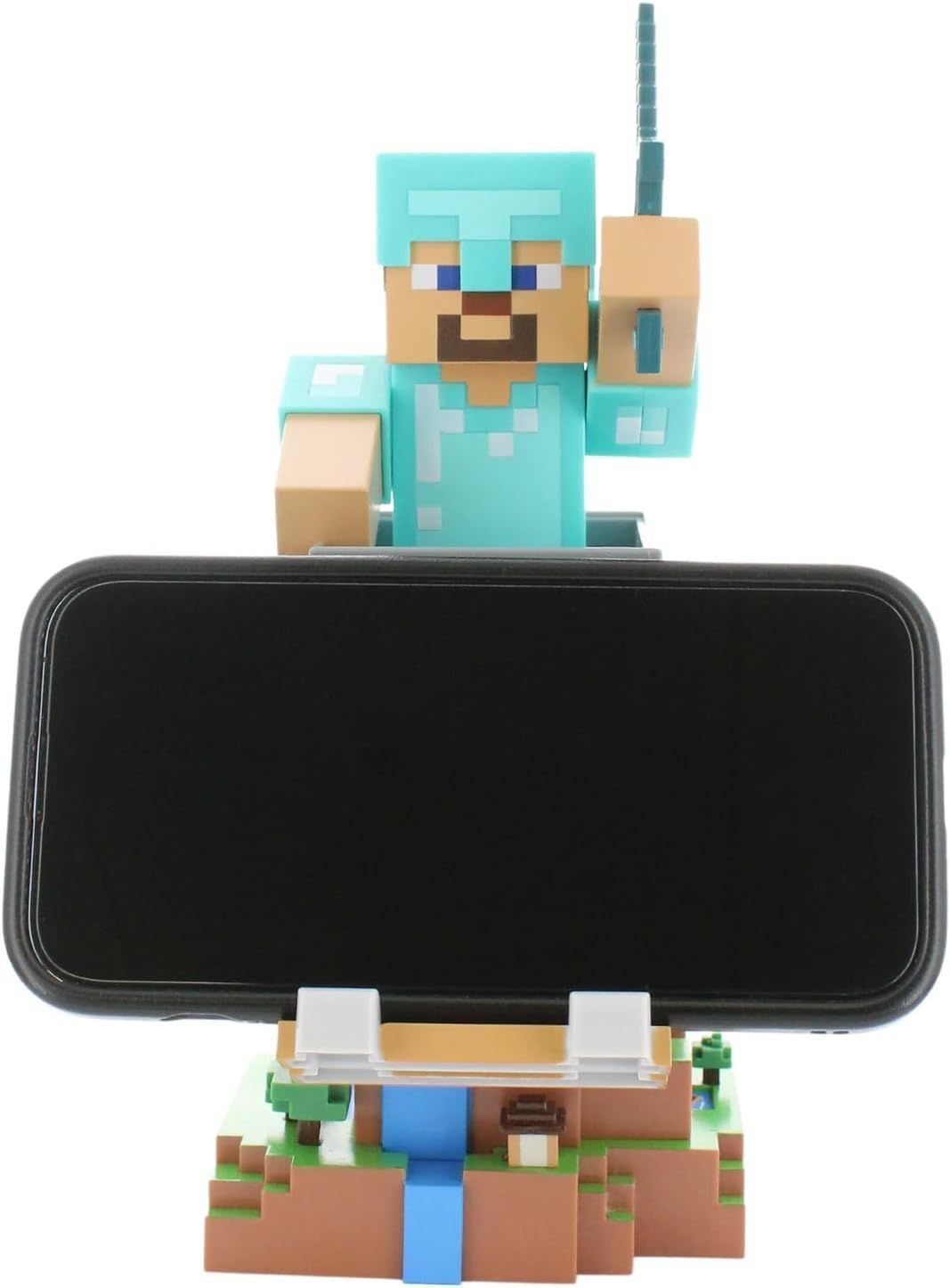 Figurine Minecraft Steve Armure Diamant - EXQUISITE GAMING - Cable Guys - Support écouteurs, smartphone ou petit accessoire - 20 cm