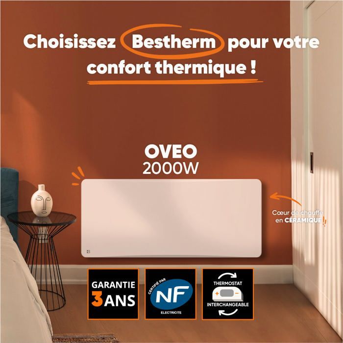 Radiateur électrique fixe à inertie sèche céramique - BESTHERM - OVEO 2000W - Thermostat interchangeable - horizontal blanc - NF