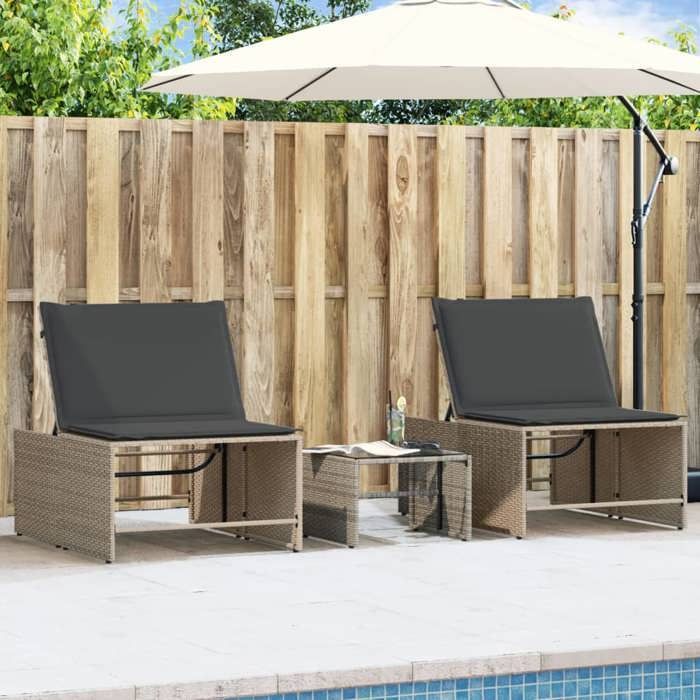 vidaXL Lot de 2 Chaises longues modulaires avec Table, Bain de Soleil, Transat de Terrasse, Siège de Jardin Patio Extérieur, 368424