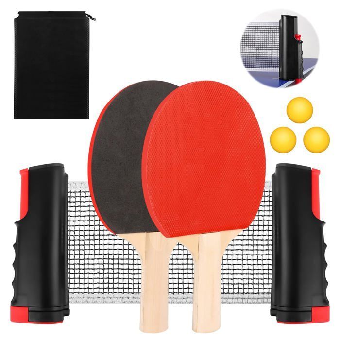 Juego profesional de raquetas de ping-pong: 2 raquetas de tenis de mesa + 3 pelotas de ping-pong + bolsa + red retráctil