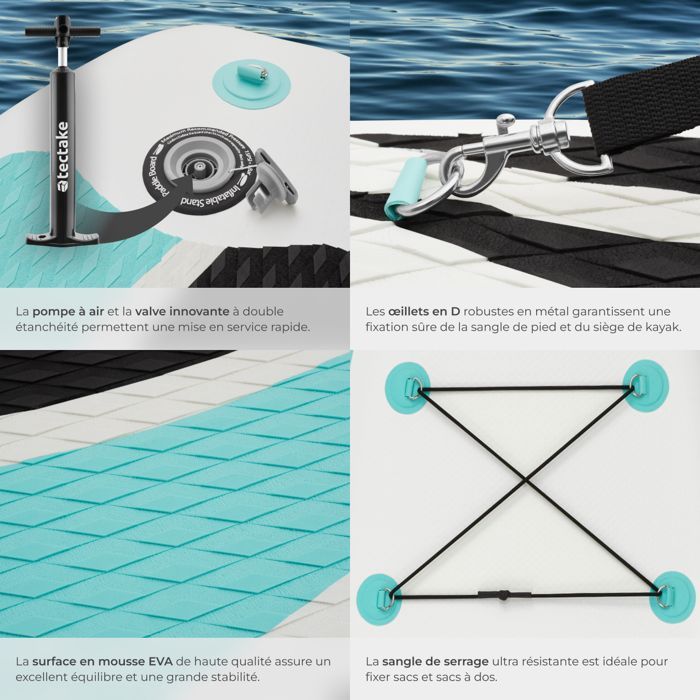 Stand-up paddleboard - TECTAKE - 2-in-1 inflatable board, complete kit, non-slip - 288 x 77 x 22.5 cm - White/Turquoise