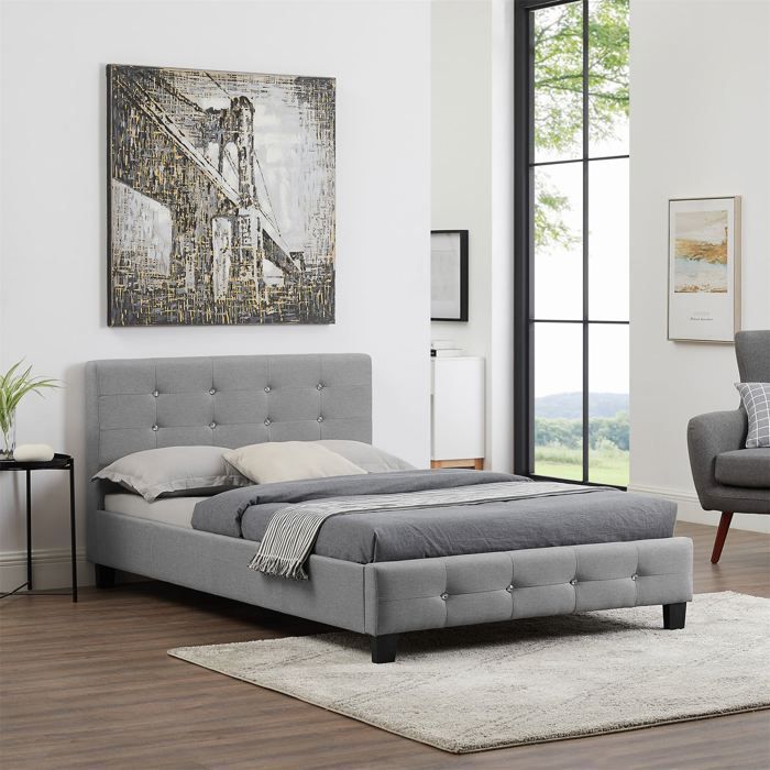 Cama individual JOLIEN para adultos con somier de láminas de 120x190 cm, capacidad para 1,5 personas, cabecero y piecero tapizados con pedrería, en tela gris.