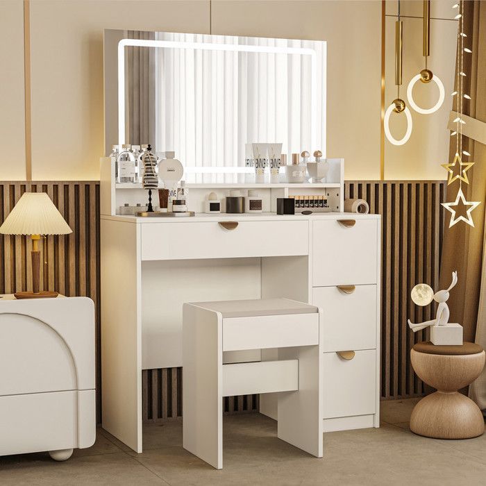 Coiffeuse - Miroir LED - 4 Tiroirs - 3 Étagères - 2 Prises USB - 90x40x140cm - Blanc