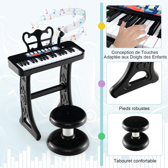 Piano infantil DREAMADE - Teclado de 37 teclas para niños - Micrófono - Taburete cómodo - Atril extraíble - Negro