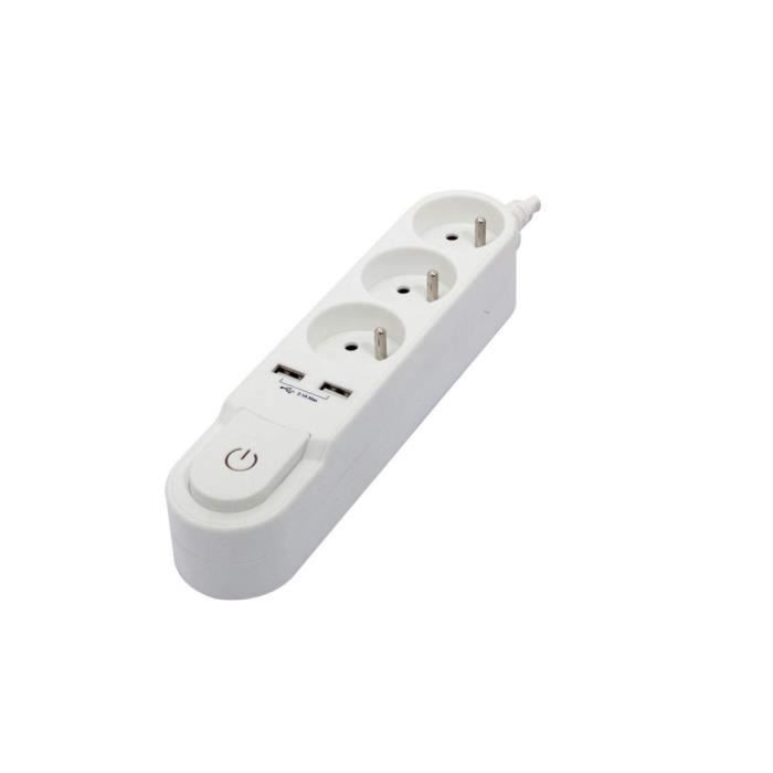 Multipresa CHACON con interruttore, 3 prese da 16A e 2 porte USB da 2A, cavo da 1,5 m, bianca.