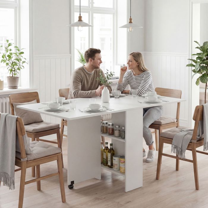 Mesa de cocina plegable - HOMCOM - con ruedas, 2 estantes integrados, mueble - madera - 75x140x74cm - blanco