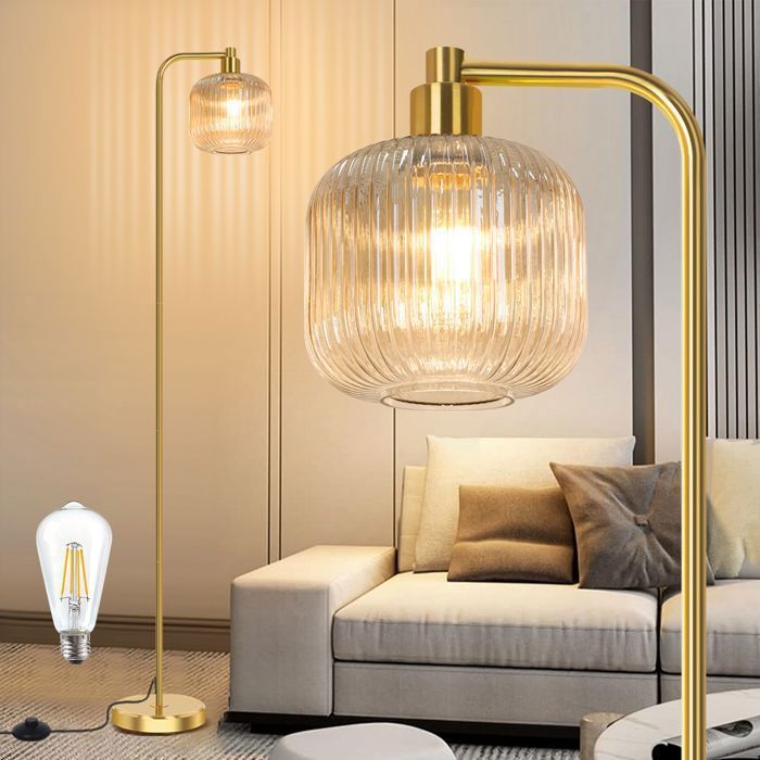 Lampadaire salon avec Abat-jour en verre nervuré marron clair,ampoule LED,interrupteur à pied,base métal stable,Pour cuisine