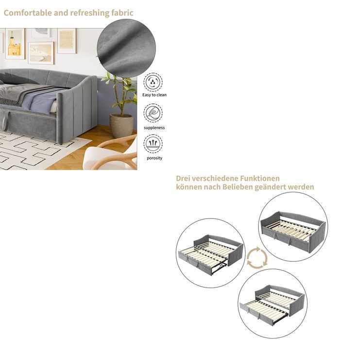 Sofá convertible de 90x200 cm - Terciopelo gris - Mecanismo hidráulico - 2 plazas - Capacidad de carga de 300 kg