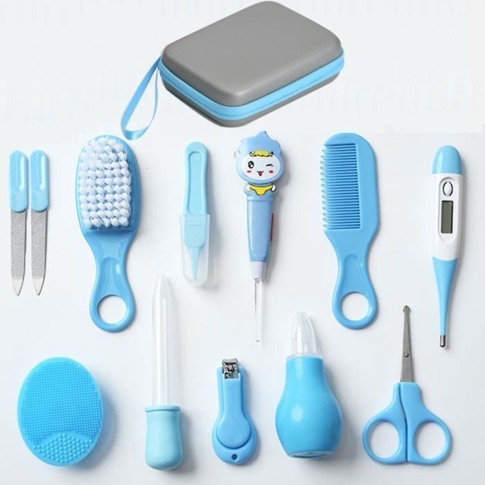 Trousse de soin bebe,Kit de Soin pour Bébé 12 pcs,Bébé set de soin Naissance Set de Toilette avec un Thermomètre-Bleu