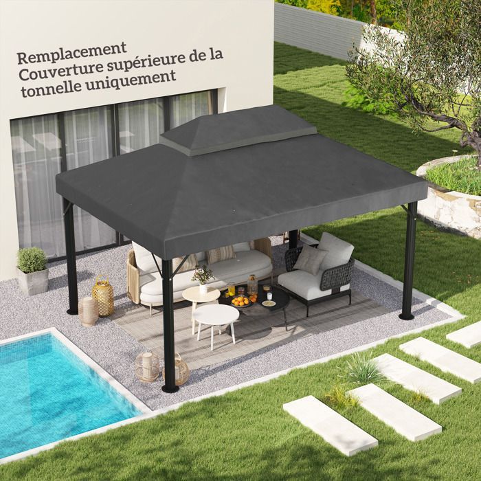 Toile de rechange pour pavillon toile de tonnelle 4 x 3 m - Outsunny - double toit avec trous de drainage, polyester 370 g/m² - gris