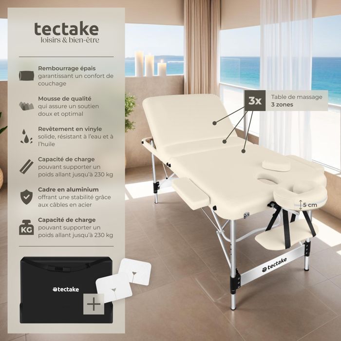 Camilla de masaje - TECTAKE - Camilla de tratamiento plegable con 3 secciones regulables en altura, 212 x 108 x 90 cm - Beige