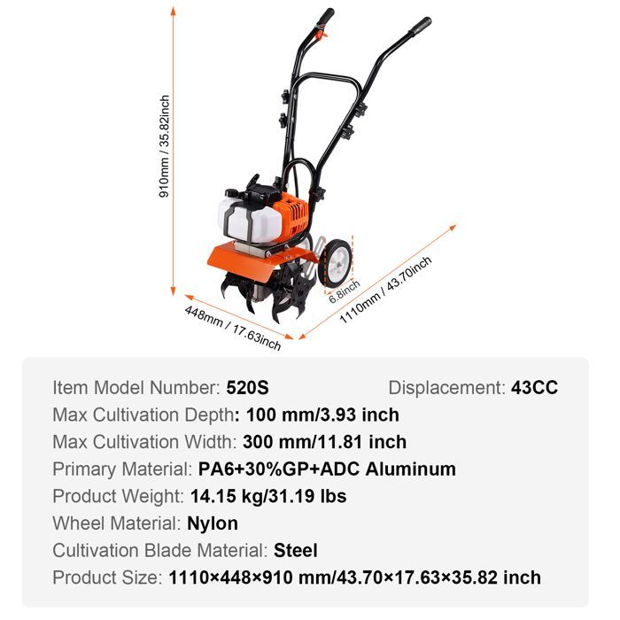 Motocultor de gasolina de 2 tiempos - Duoku - 4 púas de acero ajustables - Para cultivar la tierra en jardines, céspedes y campos.