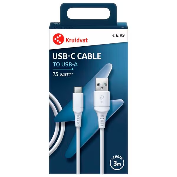 Polnilni kabel Kruidvat USB-A na USB-C, bel, 3 m