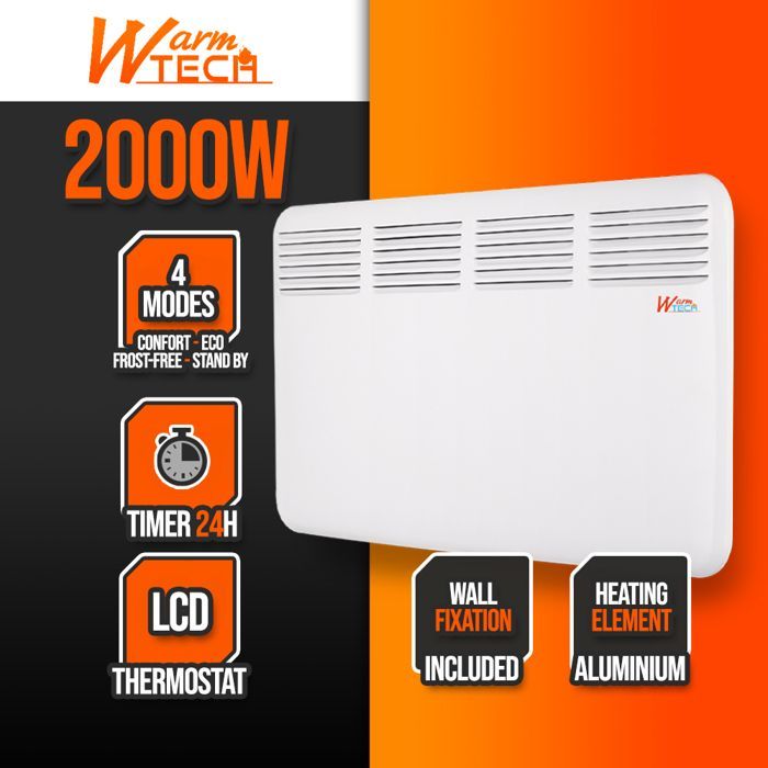 Chauffage mural 2000W - 4 modes - Thermostat électronique - Timer 24H - Warm Tech