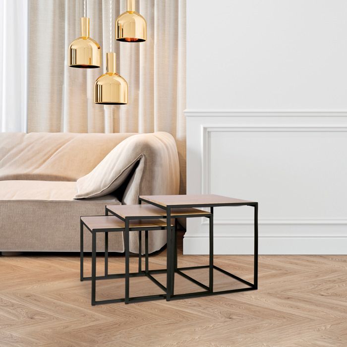 Set van 3 bijzettafels die in elkaar passen - Home Deco Factory - Vierkant - Bruin en zwart
