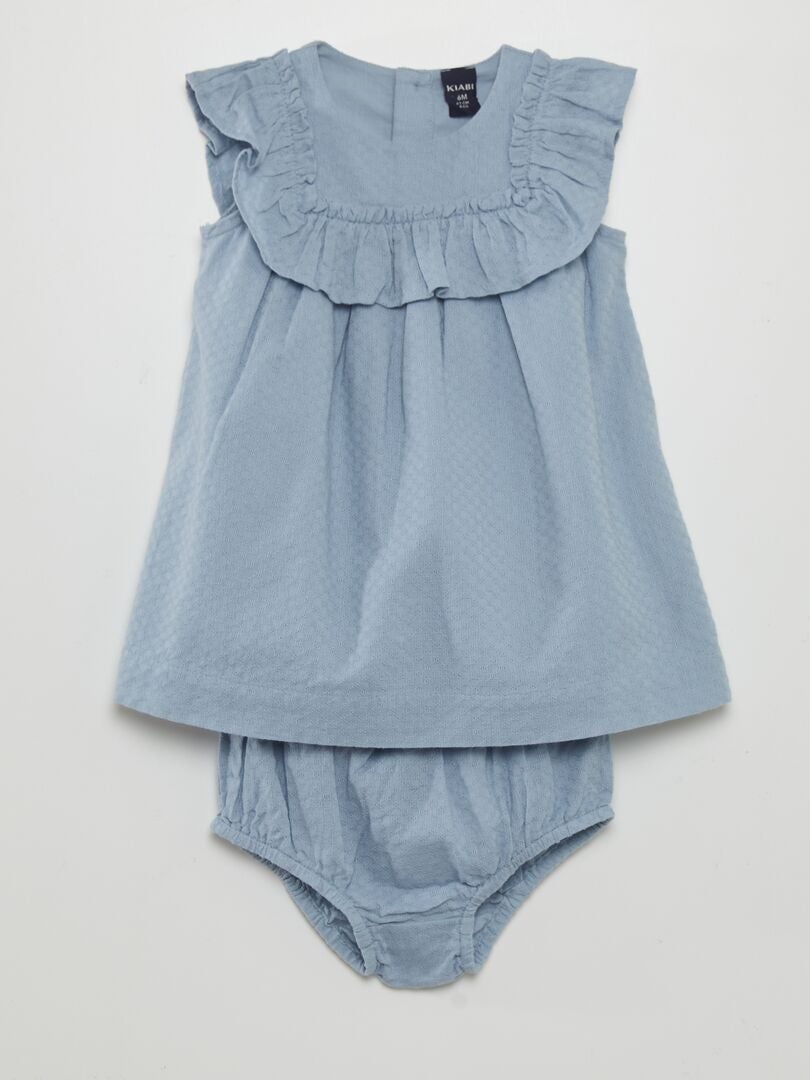 Vestido evasê com babados + Calça pantalona combinando - AZUL