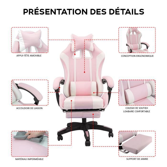 Chaise Gaming, Siège de Bureau réglable, Fauteuil Gaming avec Repose-Pieds télescopique (Pink et Blanc)