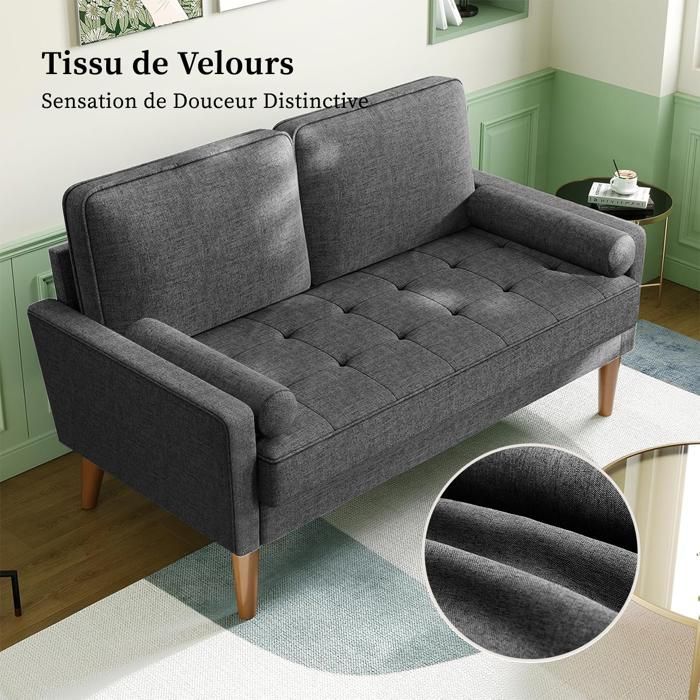 2-Seater Sofa in Grey Fabric, 121 x 77 x 87 cm, Scandinavian Style Sofa with 2 Cushions, Wooden Legs