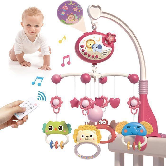 Móbile musical para berço, com luzes e projetor com controle remoto, presente ideal para recém-nascidos, rosa.