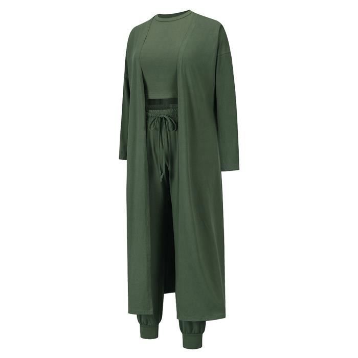 Completo da donna in maglia a 3 pezzi: cardigan, canotta e pantaloni con elastico in vita, tinta unita, autunno/inverno - verde