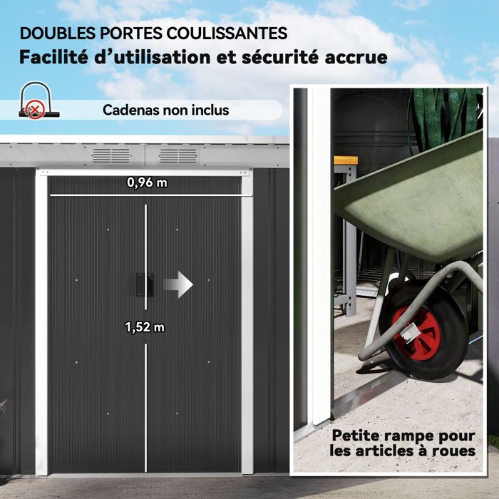 Caseta de jardín Outsunny XXL de acero galvanizado de 3,6 m² con base y puertas correderas - acero - 280x130x172cm - negro