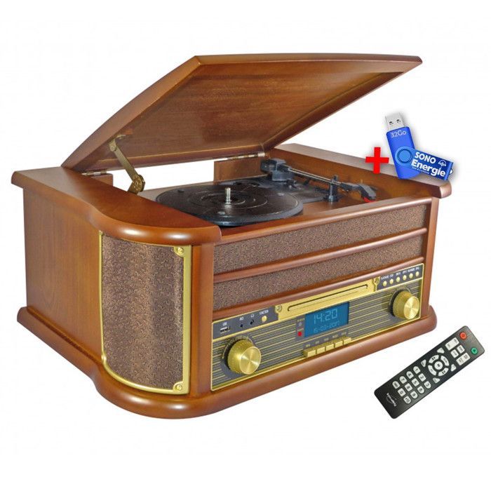 INOVALLEY RETRO29-E Sistema Hi-Fi in stile retrò con giradischi, Bluetooth, lettore CD, lettore di cassette, radio FM, USB, telecomando e chiavetta USB da 32 GB.