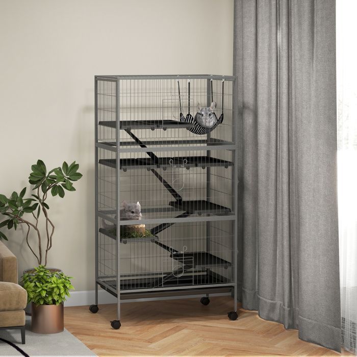 Cage pour rongeurs multifonction - PawHut - 4 plateformes - 3 rampes - 4 portes - acier - noir