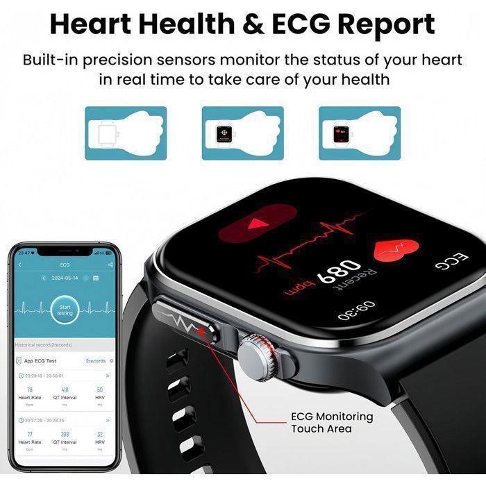 Herren-Smartwatch mit EKG, HRV/BMI, 2,04
