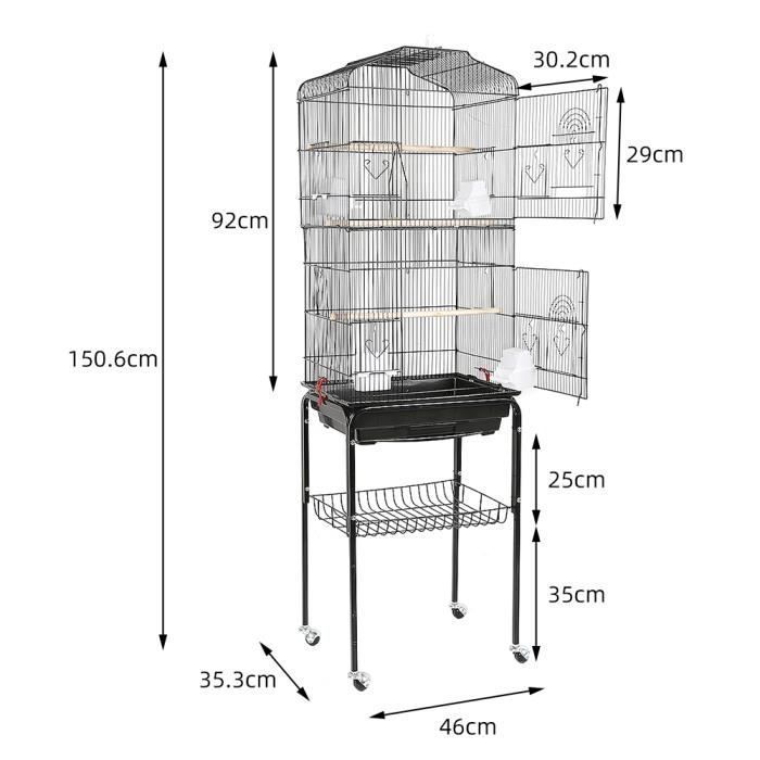 Grande Volière pour Oiseaux Cage à Roulettes Canaries Perroquet Perruches Canaris avec 4 mangeoires, 3 perchoirs, 150,6cm